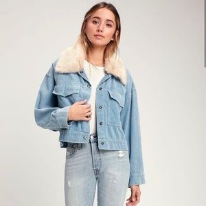 Blue corduroy jacket with detachable fur collar